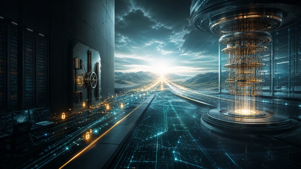 Conceptual Q-day horizon with encrypted data streams, a secure vault, and a quantum computer.