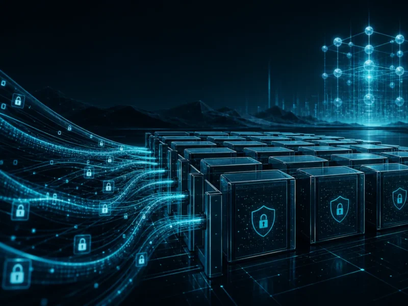 Abstract encrypted traffic streams flowing into an archive with a distant quantum lattice.