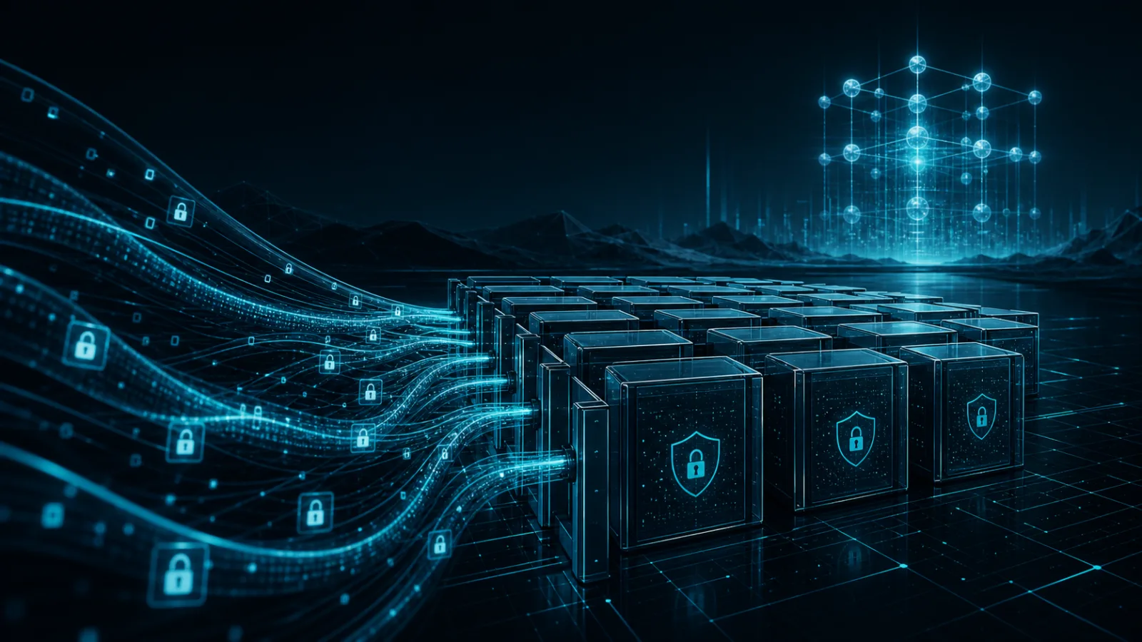 Abstract encrypted traffic streams flowing into an archive with a distant quantum lattice.