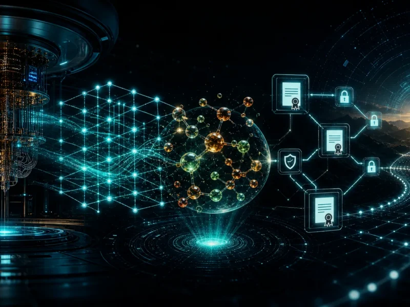 Quantum processor, molecular chemistry model, and security trust-chain grid converging toward a readiness horizon.
