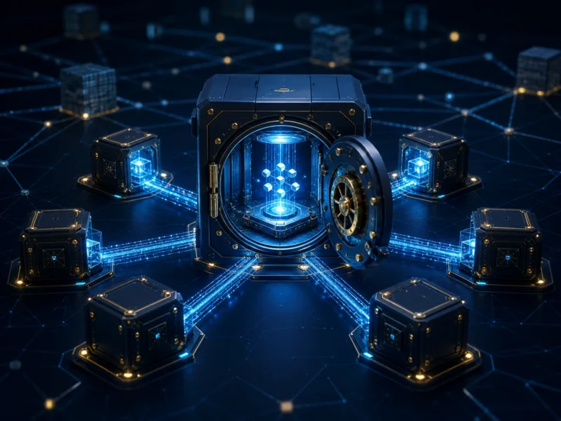 Separated hardware key shares converge inside a protected post-quantum custody signing vault.