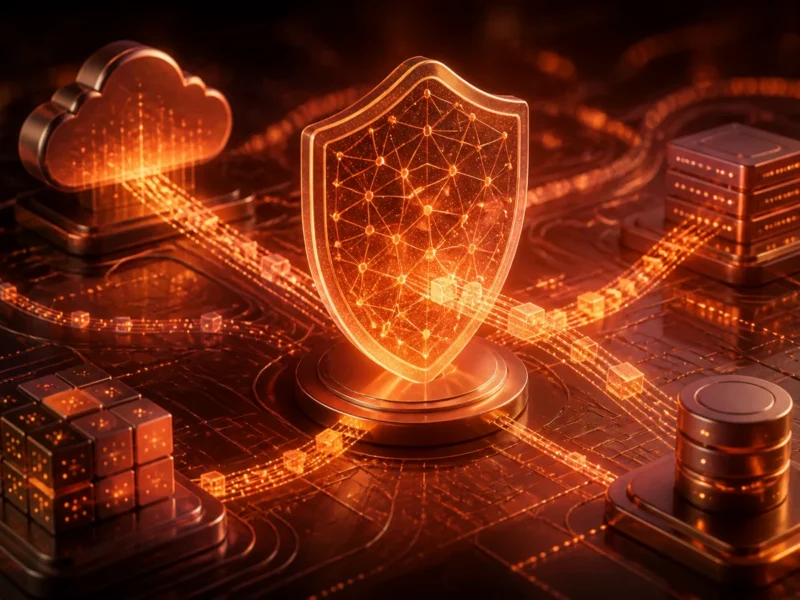 Warm amber cryptographic shield protecting encrypted email and data packages across connected systems.