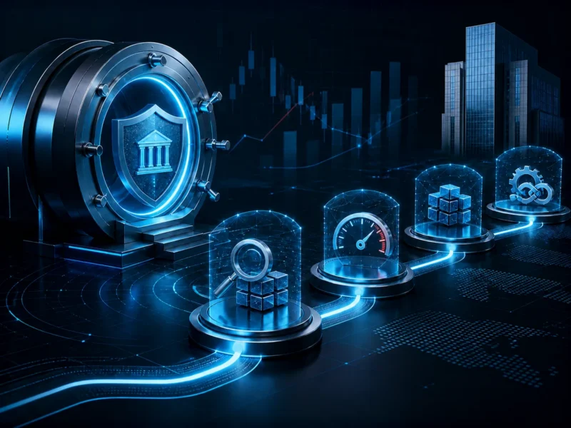 Secure financial vault connected to cryptographic inventory, risk and supplier checkpoints.